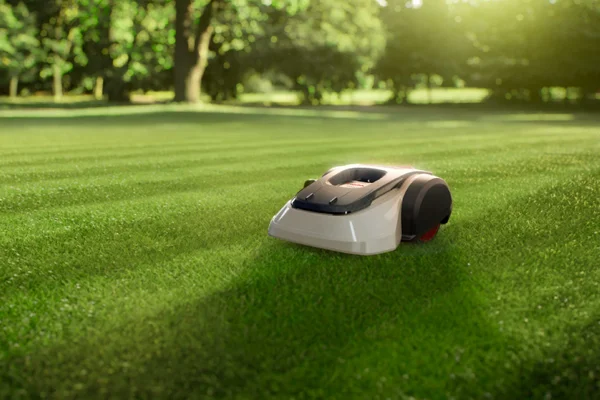 Robotic lawn mower cutting striped grass on a sunny lawn with trees in the background.