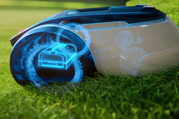 Transparent cutaway shows internal motor, blades and drive system.