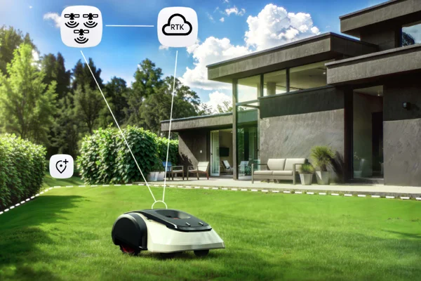 Robotic mower on lawn near modern house, icons show RTK satellite positioning and navigation.