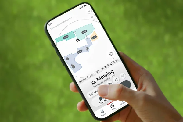 Phone map shows multiple mowing zones, user selects areas and routes.