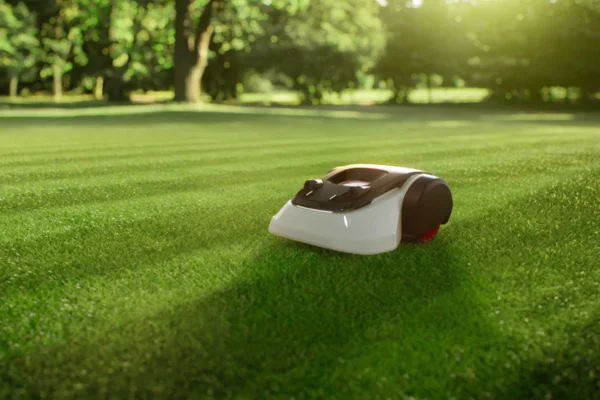 Robotic lawn mower cutting neat stripes across a sunny, tree-lined lawn.