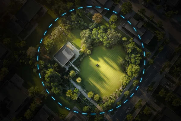 Aerial property view with dotted blue virtual boundary around mowing zone.