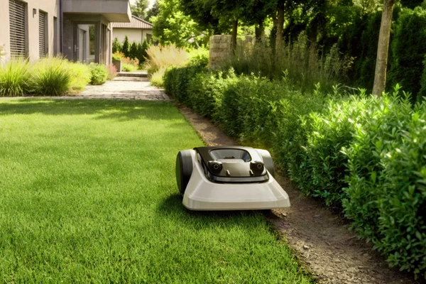 Robotic mower trims lawn edge neatly along hedge beside garden path.