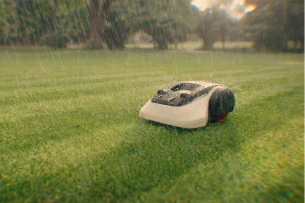 Robotic mower operating in rain, water droplets highlight weatherproof design.