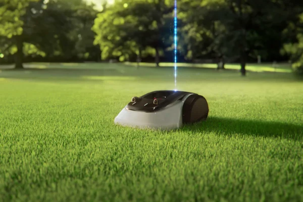 Mower on grass with vertical light beam indicating satellite guidance.