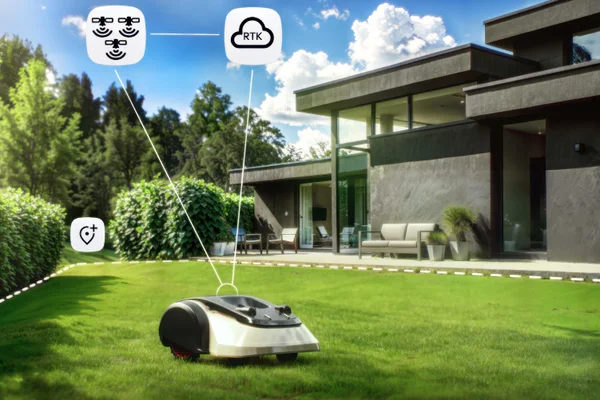 Robotic mower on grass by modern home with icons showing RTK positioning and smart navigation.